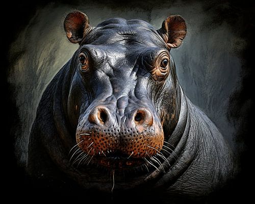 Hippo Portrait Kunst Dunkelgrau