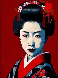 Japanisches Porträt einer Geisha in kräftigem Rot
