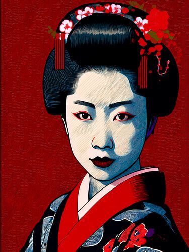 Portrait japonais d'une geisha dans un rouge intense sur Studio Pieternel