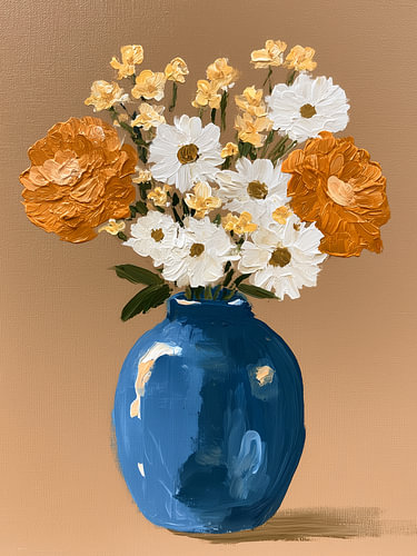 Gemälde mit blauer Vase und Blumenmotiv