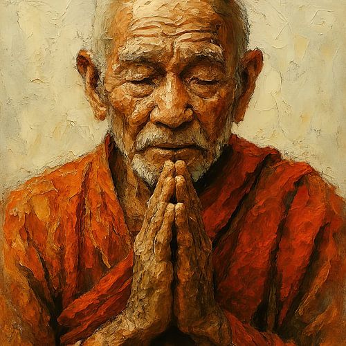 Ogen gesloten en hart open (gebed van een oude monnik in rood gewaad Namasté Boeddhisme schilderij)