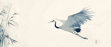 Elegante vliegende kraanvogel in de mist van Poster Art Shop