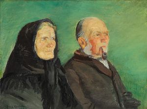 Anna Ancher, Doppelporträt eines goldenen Hochzeitspaares aus Skagen auf grünem Hintergrund, 1924