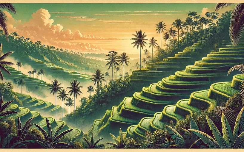 Vintage Indonesia, Bali Rice Terraces Poster by Chromatic Fusion Studio