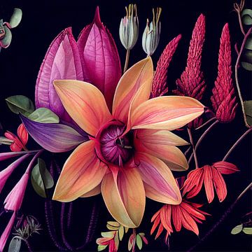 Botanische bloemen op een donkere achtergrond van Carla van Zomeren