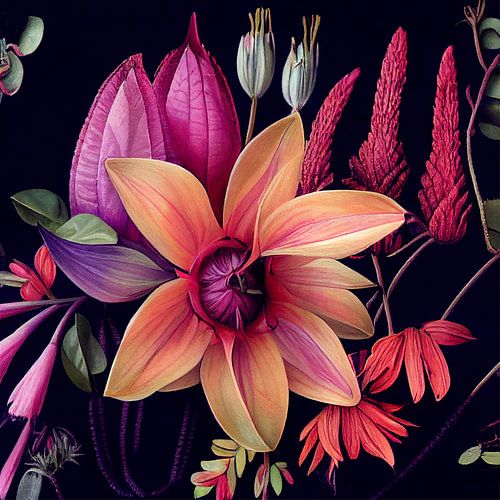 Fleurs botaniques sur un fond sombre