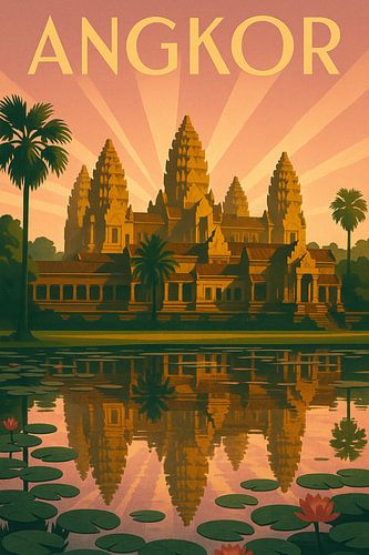 Angkor Wat Sunrise – Art Deco Cambodian Heritage Poster