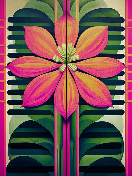 Symmetrische bloem in oranje, roze en groen van Laila Bakker
