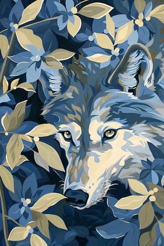 Loup moderne entouré de feuilles