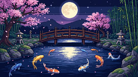 Moonlit Koi Garden — Sakura Bridge Pixel Art by my pixel art