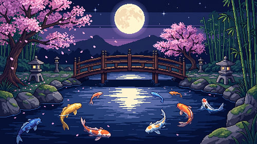 Jardin des carpes koï au clair de lune — Pont Sakura en pixel art
