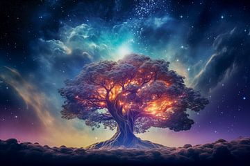 Kosmische nevel laat reusachtige boom groeien, groeit op asteroïden, levensboom, kunstontwerp van Animaflora PicsStock