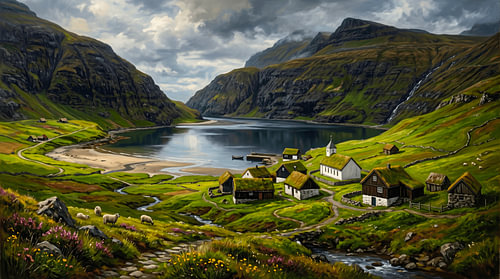 Traditionele huizen met grasdaken in het dorp Saksun op de Faeröer, met een landschapsschilderij van een fjord en groene bergen