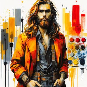 Mann in orangefarbener Jacke