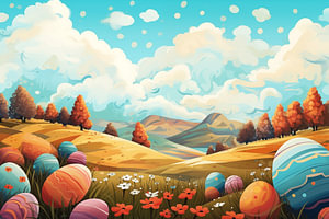 Vintage Frohe Ostern Illustration Hintergrund mit Ostereiern in einer Frühlingslandschaft