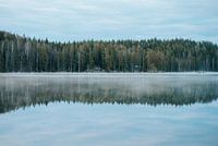 Cabins on the edge of a misty lake in Sweden