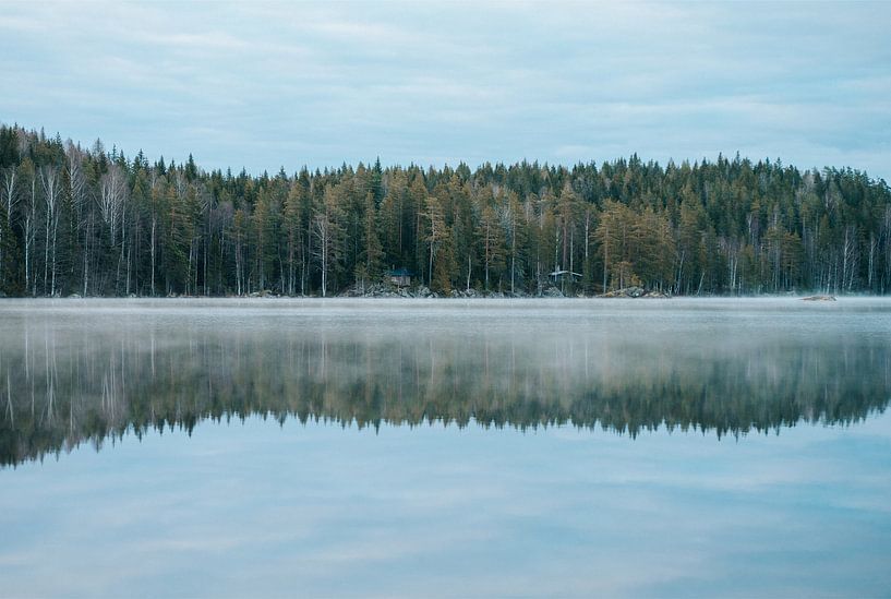 Cabins on the edge of a misty lake in Sweden by Joep van de Zandt