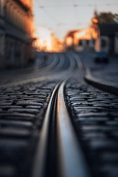 Rails de tramway Gros plan Détails Bokeh