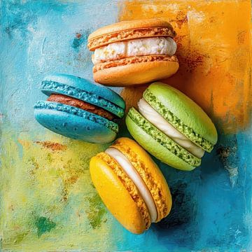 Macaron koekjes, Popart in Warhol Stijl, Digitale Kunst, Blauw, Geel & Groen van BowiScapes abstract en digitale kunst