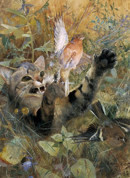 Bruno Liljefors. A Cat and a Chaffinch by 1000 Schilderijen