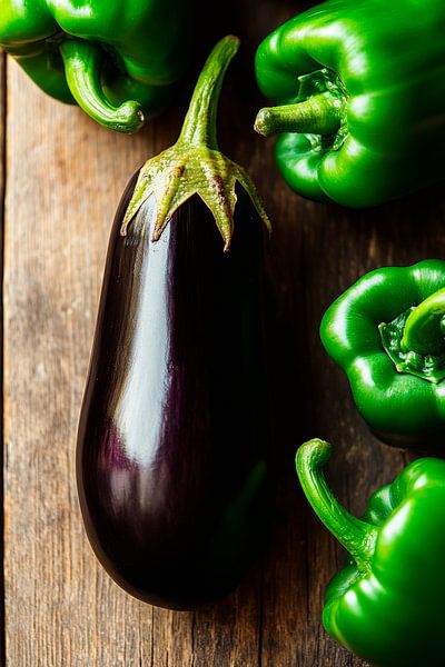 Aubergine and green peppers on wood by Poster Art Shop