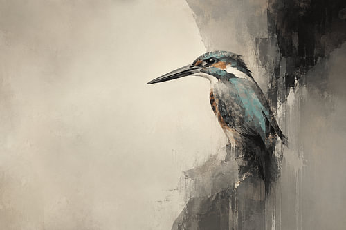 Silent Kingfisher – Abstrakte Eisvogel-Wanddekoration – Blau & Beige Vogelkunst – Moderne Naturkunst – Luxuriöse minimalistische Wandkunst
