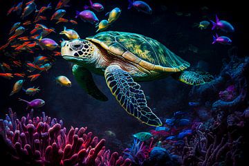 Een zeeschildpad in het koraalrif van Max Steinwald