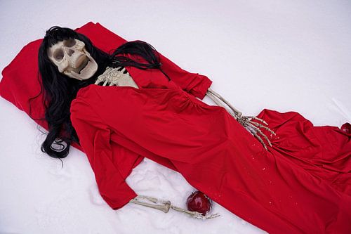 Last apple skeleton with red dress and red apple