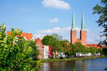 Historische huizen aan de Obertrave met de kathedraal van Lübeck, Lübeck, Sleeswijk-Holstein, Duitsl van Torsten Krüger