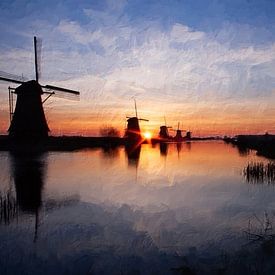 Lever de soleil à Kinderdijk peinture numérique sur Hille Bouma