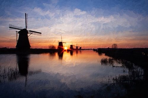 Zonsopkomst bij Kinderdijk digitaal schilderij