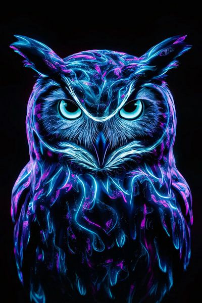 Fluorescerende futuristische uil in levendige kleuren van Art & Soul Creations