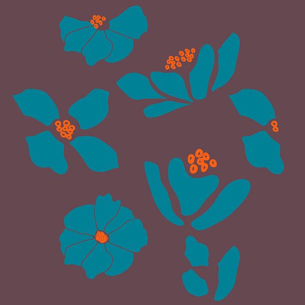 Flower market. Modern botanical art in turquoise, orange and purple by Dina Dankers