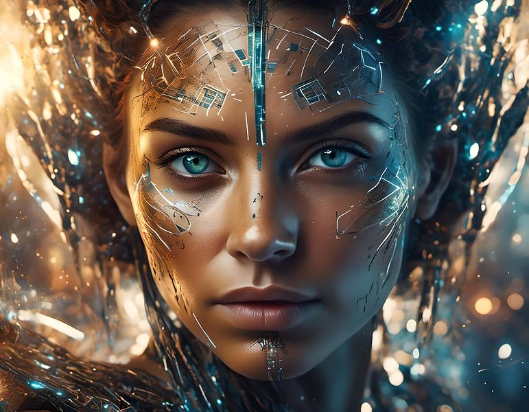 Close up of a woman's face with digital data written on her face by Eye on You