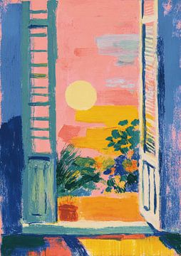 Open raam bij zonsondergang