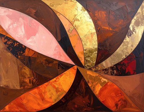 Abstract kunstwerk met ronde vormen in koper, oranje en goud – unieke wanddecoratie voor chique interieur