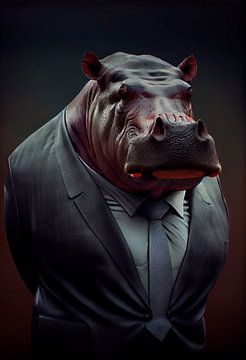 Statig staand portret van een Nijlpaard in een pak van Maarten Knops