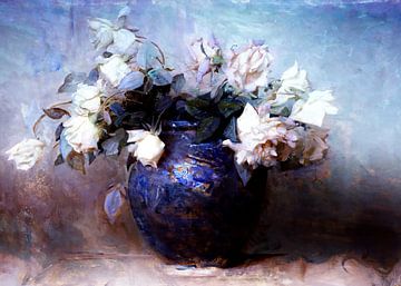 Retro Rosen Bouquet in einer Vase in Delft Blau von FRESH Fine Art