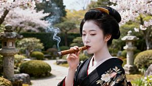 Geisha im japanischen Garten beim Rauchen einer Zigarre