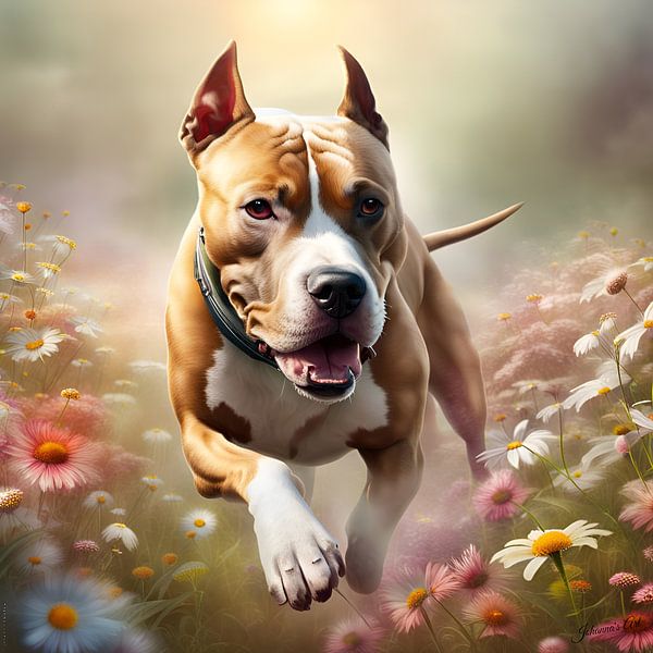 American Staffordshire Terrier Playing in a Flowerfield by Johannas Art Creations