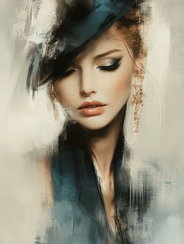 Abstract portret in blauw met gouden accenten