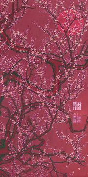 Japanischer Vintage-Druck. Pflaumenblüte bei Vollmond in Korallenrot