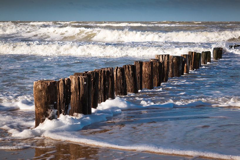 Entdecken Sie den Zauber der verwitterten Strandpfähle in Cadzand, Niederlande von DroomGans