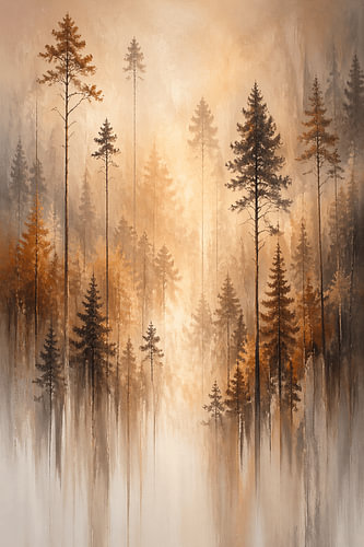 Golden Forest – Sfeervolle Abstracte Bos Wandkunst in Goud en Beige – Mistig Boslandschap – Luxe Natuur Wanddecoratie