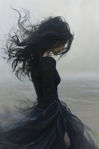 Frau Schwarzes Portrait | Rätselhafter Windtanz von Kunst Laune