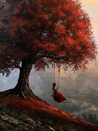 Girl on a swing, large red tree, surrealism