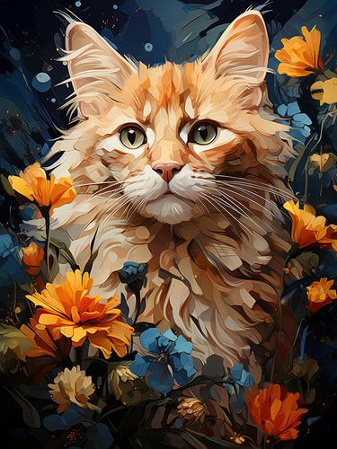 Rode kat met bloemen in artistieke stijl