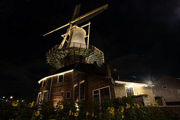 Molen de Roos Delft bij nacht van Gertjan Hesselink