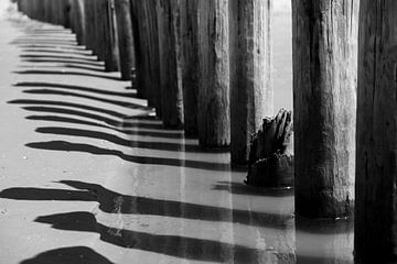 contrastrijke zwart wit foto met schaduw en strandpalen van Karijn | Fine art Natuur en Reis Fotografie