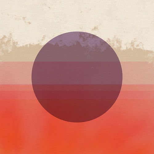 Abstract landschap. Zonsondergang in neonkoraal, donkerlila, beige en blauw